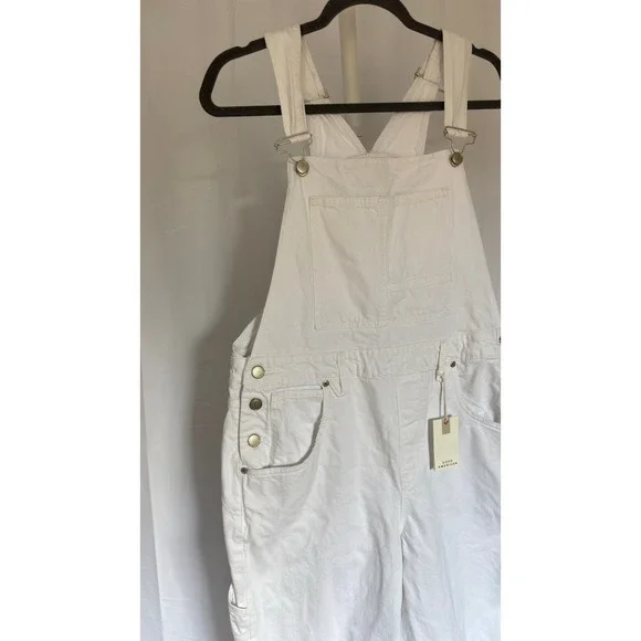 $159 NWT GOOD AMERICAN White Denim Bib Overalls Cropped Straight Leg Women 14 32